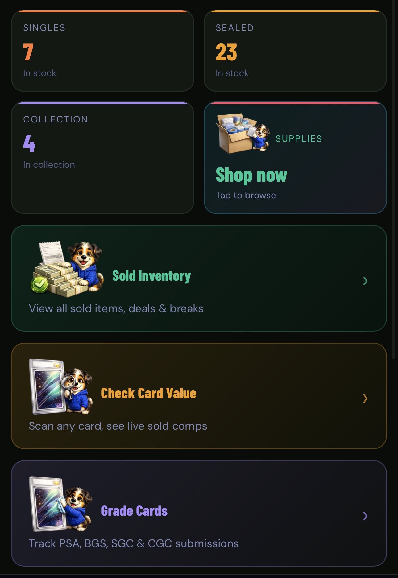 Card Shepherd dashboard showing live inventory counts and collection value
